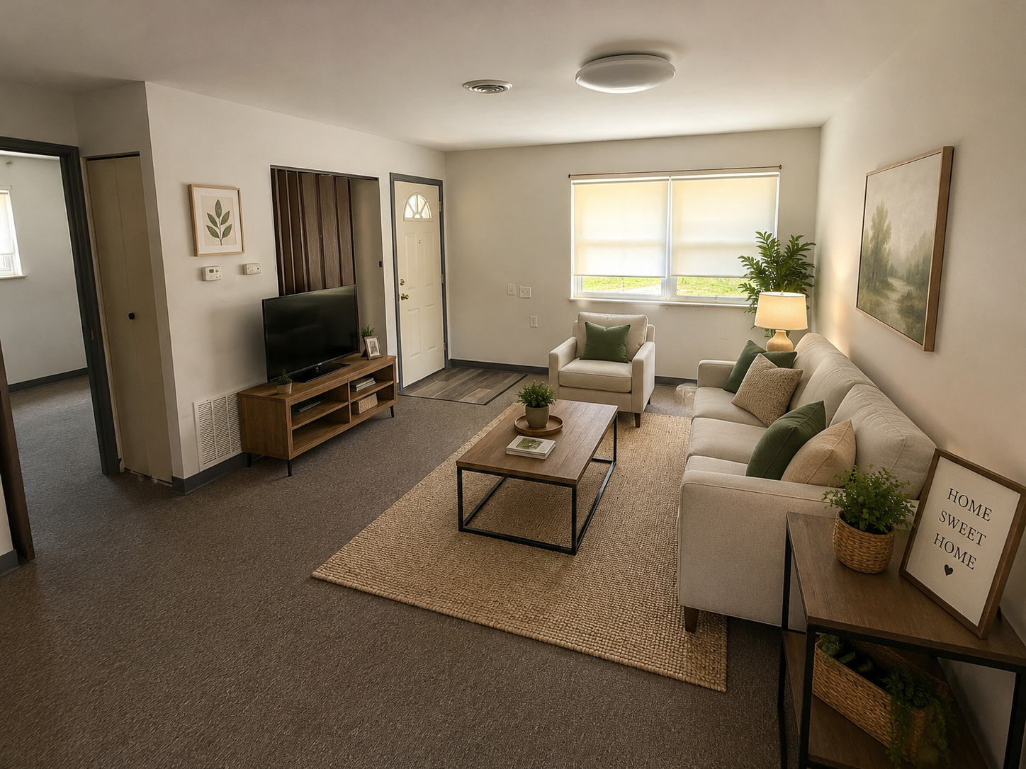 1 bedroom unit living room staged